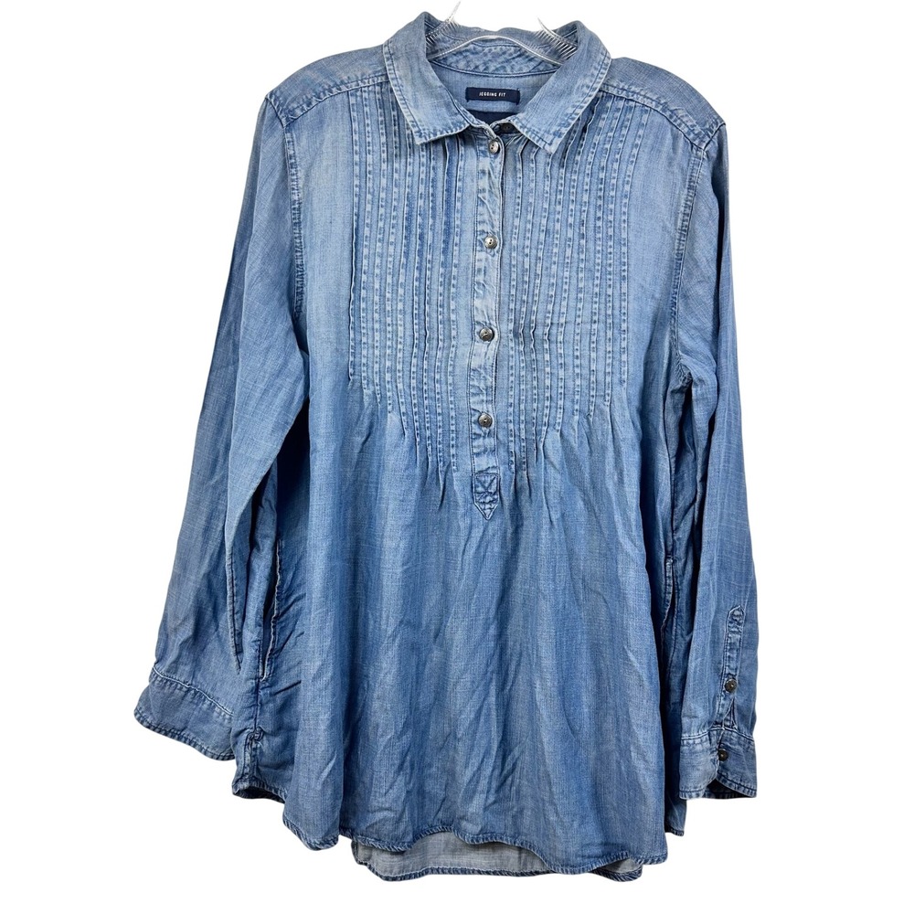 American Eagle Womens Blue Lyocell Pintuck Tunic Shirt Jegging Fit Large Pockets